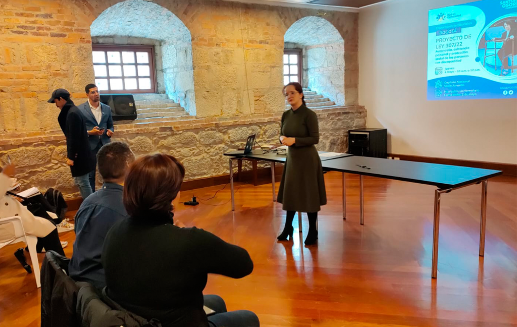 En un recinto, una mujer con un vestido gris da una conferencia a varias personas. Su rostro muestra que está prestando atención a la intervención de alguien del público. En el fondo se ve una proyección que tiene como título “Proyecto de ley 307/22 Autonomía, asistencia personal y protección social de las personas con discapacidad”