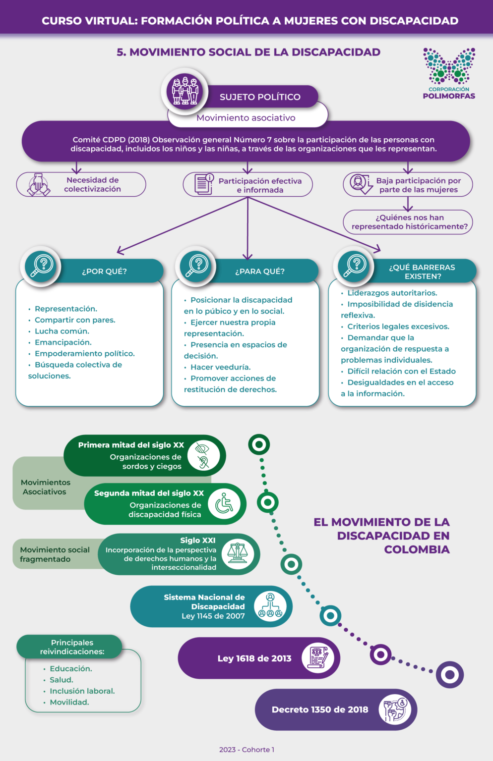 El Comité de la Convención sobre los Derechos de las Personas con Discapacidad en la Observación general Número 7 (2018) sobre la participación de las personas con discapacidad, incluidos los niños y las niñas, a través de las organizaciones que les representan, habla de la importancia del movimiento asociativo de las personas con discapacidad, resaltando dos temas: Necesidad de colectivización de las personas con discapacidad para la incidencia política Baja participación por parte de las mujeres con discapacidad en este movimiento. La Participación debe ser efectiva e informada: ¿por qué? Porque permite la organización de luchas comunes entre personas con discapacidad, hacer una representación de las personas con discapacidad por personas con discapacidad (y no los voceros tradicionales sin discapacidad), empodera políticamente a las personas con discapacidad y permite la búsqueda colectiva de soluciones. ¿para qué? Para posicionar la discapacidad en lo púbico y en lo social, Ejercer nuestra propia representación, Hacer veeduría y Promover acciones de restitución de derechos. ¿Qué barreras existen? Liderazgos autoritarios, Criterios legales excesivos para organizarse formalmente, Esperar que la organización de respuesta a problemas individuales por encima de las necesidades colectivas, Demandar que la organización de respuesta a problemas individuales y Demandar que la organización de respuesta a problemas individuales y Difícil relación con el Estado. El movimiento de la discapacidad el Colombia Para la primera mitad del siglo XX surgen en Colombia las organizaciones de sordos y ciegos. En la segunda mitad del siglo XX surgen las organizaciones de personas con discapacidad física. Estos grupos son conocidos como las primeras organizaciones del movimiento asociativo de discapacidad en Colombia. Sin embargo, va a ser en la primera década del siglo XXI con la entrada en vigor de la Convención que se incorpora el enfoque de derechos humanos en el movimiento asociativo así como la perspectiva interseccional y así empieza a hablarse de movimiento social de discapacidad en el país, si bien era un movimiento fragmentado. Sus principales reivindicaciones se han dado en el campo de la educación, la salud, el trabajo y la inclusión social. Finalmente, el marco legislativo colombiano que soporta el movimiento social incluye: Ley 1618 de 2013, Decreto 1350 de 2018 y Ley 1145 de 2007.