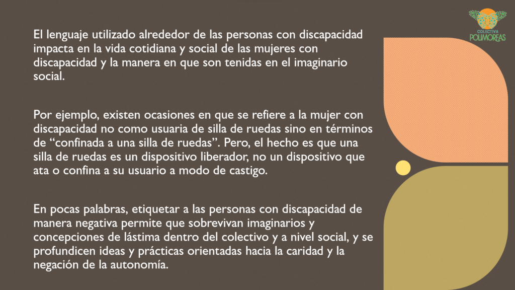 Sobre un fondo color café con un detalle de pétalos en la parte derecho se muestra el texto: “Así mismo el lenguaje utilizado alrededor de las personas con discapacidad impacta en la vida cotidiana y social de las mujeres con discapacidad y la manera en que son tenidas en el imaginario social.Por ejemplo, existen ocasiones en que se refiere a la mujer con discapacidad no como usuaria de silla de ruedas sino en términos de "confinada a una silla de ruedas". Pero, el hecho es que una silla de ruedas es un dispositivo liberador, no un dispositivo que ata o confina a su usuario a modo de castigo. En pocas palabras, etiquetar a las personas con discapacidad de manera negativa permite que sobrevivan imaginarios y concepciones de lástima dentro del colectivo y a nivel social, y se profundicen ideas y prácticas orientados hacia la caridad"