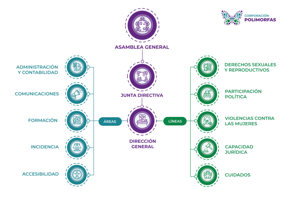 Organigrana que comienza en la parte superior con un bloque en morado que dice Asamblea General, debajo Junta Directiva y debajo Dirección General. De Dirección General hacia la izquierda en color turquesa se desprende una ramificación que se llama Áreas, de las que se despliegan los siguientes ítems: Administración y Contabilidad, Comunicaciones; Formación, Incidencia y Accesibilidad. De Dirección General hacia la derecha en color verde se desprende una ramificación que se llama Líneas, de las que se despliegan los siguientes ítems: Derechos Sexuales y Reproductivos, Participación Política, Violencias contra las mujeres, Capacidad Jurídica y Cuidados.