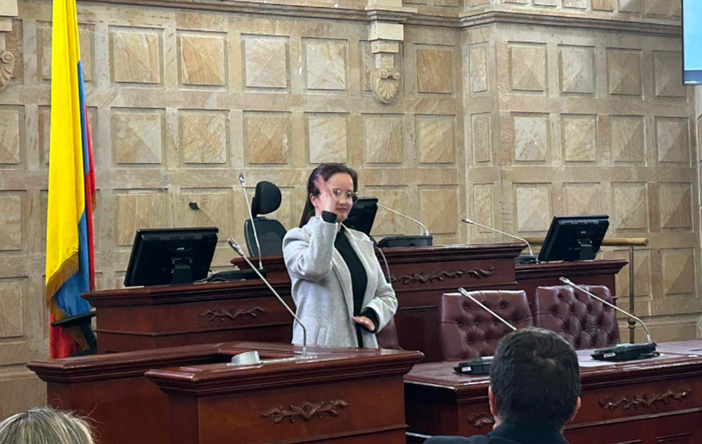 Una mujer sorda está comunicándose a través de lengua de señas en el recinto del Congreso de Colombia dando un discurso frente a otras personas. Esta vestida con un buso negro y una gaban gris. Está parada en los atriles y al fondo se ve la bandera de Colombia.