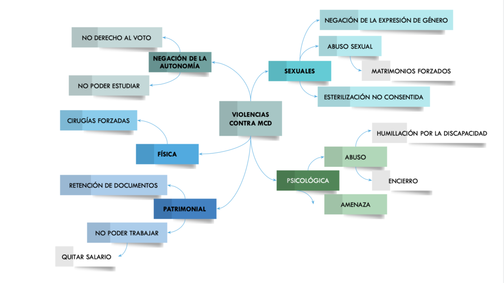 esquema con la tipificación de las violencias contra las mujeres dividiéndolas en: negación de la autonomía, física, patrimonial, sexuales y psicológicas.