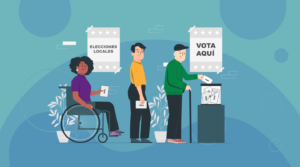 Sobre un fondo azul turquesa se muestra una ilustración vectorial de tres personas que están en fila para meter su voto en la urna. De izquierda a derecha aparece una mujer afro usuaria de silla de ruedas, una persona no binaria caucásica y un hombre adulto mayor. Detrás de estas personas se muestran dos posters que dicen “Elecciones locales” y “Vota aquí”