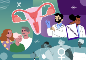 la imagen muestra de izquierda a derecha una mujer con discapacidad que se enfrenta a médicos con un formato de autorización donde ella es invisibilizada